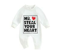 Carolilly Newborn Baby Boys Valentine's Day Sweatshirts Rompers with Heart and Letters Printed, Long Sleeve Crew Neck Jumpsuits Clothes (0-18 Months) (White, 0-3 Months)