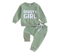 Carolilly Newborn Baby Girl Outfits 2Pcs Outfits Clothing Set Daddy's Girl Fuzzy Letter Embroidery Long Sleeve Sweatshirt + Pocket Pants Elastic Waist Set Toddler Clothes (Green, 2-3 Years)