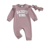 Carolilly Newborn Baby Girl Outfits 2Pcs Outfits Clothing Set Daddy's Girl Fuzzy Letter Embroidery Long Sleeve Romper Bodysuit Round Neck Jumpsuit Toddler Clothes+Headband (Purple, 3-6 Months)