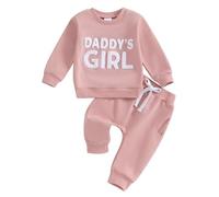 Carolilly Newborn Baby Girl Outfits 2Pcs Outfits Clothing Set Daddy's Girl Fuzzy Letter Embroidery Long Sleeve Sweatshirt + Pocket Pants Elastic Waist Set Toddler Clothes (Pink, 12-18 Months)