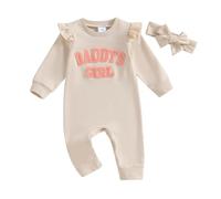 Carolilly Newborn Baby Girl Outfits 2Pcs Outfits Clothing Set Daddy's Girl Fuzzy Letter Embroidery Long Sleeve Romper Bodysuit Round Neck Jumpsuit Toddler Clothes+Headband (Beige, 6-12 Months)