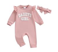 Carolilly Newborn Baby Girl Outfits 2Pcs Outfits Clothing Set Daddy's Girl Fuzzy Letter Embroidery Long Sleeve Romper Bodysuit Round Neck Jumpsuit Toddler Clothes+Headband (Pink, 0-3 Months)
