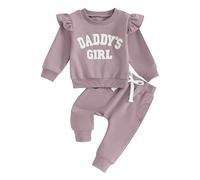 Carolilly Newborn Baby Girl Outfits 2Pcs Outfits Clothing Set Daddy's Girl Fuzzy Letter Embroidery Ruffle Long Sleeve Sweatshirt + Pants Elastic Waist Set Toddler Clothes (Purple, 18-24 Months)