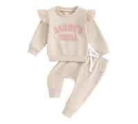 Carolilly Newborn Baby Girl Outfits 2Pcs Outfits Clothing Set Daddy's Girl Fuzzy Letter Embroidery Ruffle Long Sleeve Sweatshirt + Pants Elastic Waist Set Toddler Clothes (Beige, 18-24 Months)