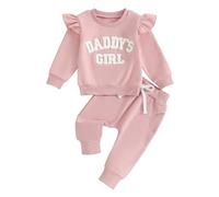 Carolilly Newborn Baby Girl Outfits 2Pcs Outfits Clothing Set Daddy's Girl Fuzzy Letter Embroidery Ruffle Long Sleeve Sweatshirt + Pants Elastic Waist Set Toddler Clothes (Pink, 6-12 Months)