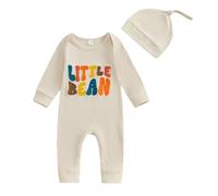 Carolilly Newborn Baby Girls Boys Outfits Long Sleeve Crewneck Letter Embroidery Ribbed Romper Baby 2 Piece Set Infant Clothes for Boys Girls (Apricot, 0-3 Months)