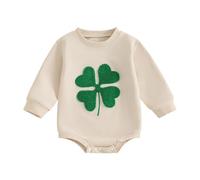 Carolilly Newborn Baby St. Patrick's Day Four-leaf Clover Embroidered Long Sleeve Bodysuit Romper（0-18 months） (Beige, 12-18 Months)