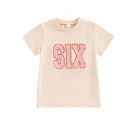 Carolilly Toddler Baby Boy or Baby Girl Birthday Outfits, One/Two/Three/Four/Five/Six Embroidery Sweatshirt T-Shirt Birthday Gift (Khaki short six, 6-7 Years)