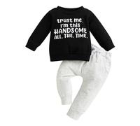 Carolilly Toddler Baby Boys 2pcs Valentine's Day Mother's Day Outfits, Letter Print Long Sleeve Sweatshirt + Elastic Casual Pants Suit (Black Grey, 12-18 months)