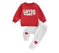 Carolilly Toddler Baby Boys 2pcs Valentine's Day Outfits, Letter Print Long Sleeve Sweatshirt + Elastic Casual Pants Suit (0-3 Years) (Red F, 3-6 Months)