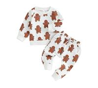 Carolilly Toddler Baby Boys Christmas Outfits Unisex Christmas Gingerbread Man/Snowman Print T-Shirt Long Sleeve Sweatshirts+Long Pants 2PCs Outfits Tracksuit Newborn Xmas (White, 6-12 Months)