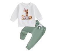 Carolilly Toddler Baby Boys First Birthday Outfits Long Sleeve Sweatshirt Pullover Letter Animal Print Birthday Boy+Pocket Pants 2PCs Baby Boys Clothing Sets Birthday Gift (White, 6-12 Months)