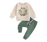 Carolilly Toddler Baby Boys First Birthday Outfits Long Sleeve Sweatshirt Pullover Letter Print Birthday Boy+Animal Print Pants 2PCs Baby Boys Clothing Sets Birthday Gift (Beige, 6-12 Months)