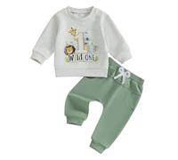 Carolilly Toddler Baby Boys First Birthday Outfits Long Sleeve Sweatshirts Tops Pullover Animal Letters Print with Sweatpants Sets 2Pcs Baby Boys Tracksuits Birthday Gift (Grey, 6-12 Months)