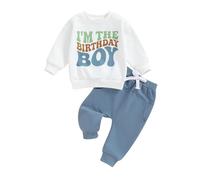 Carolilly Toddler Baby Boys Girls Birthday Outfits, Letters Printed Long Sleeve Sweatshirts and Solid Color Trousers 2Pcs Clothing Sets (6 months-4 years) (Blue, 12-18 Months)