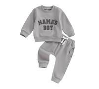 Carolilly Toddler Baby Boys Outfits Letter Embroidery MAMA'S BOY T-Shirt Long Sleeve Sweatshirts Pullover+Pocket Pants 2PCs Outfits Tracksuit Newborn Baby Boys Clothing Sets (Gray, 0-6 Months)