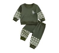 Carolilly Toddler Baby Boys Outfits Long Sleeve Dinosaur Embroidery Sweatshirts Tshirt Pullover + Elastic Waist Checkerboard Pants 2Pcs Tracksuit Boys Clothes Set (Green, 12-18 Months)