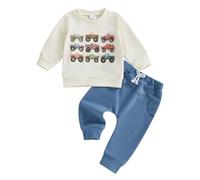 Carolilly Toddler Baby Boys Outfits Long Sleeve Retro Truck Print Round Neck Sweatshirts Tshirt Pullover + Elastic Waist Sweatpants 2Pcs Tracksuit Boys Clothes Set (Beige, 0-6 Months)