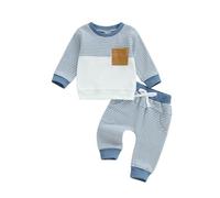 Carolilly Toddler Baby Boys Waffled Outfits Long Sleeve Striped Sweatshirts Tops Pullover + Elastic Waist Pants 2Pcs Tracksuit Boys Clothes Set (Blue, 6-12 Months)