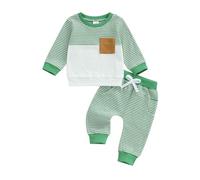 Carolilly Toddler Baby Boys Waffled Outfits Long Sleeve Striped Sweatshirts Tops Pullover + Elastic Waist Pants 2Pcs Tracksuit Boys Clothes Set (Green, 6-12 Months)