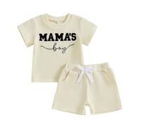 Carolilly Toddler Boy Summer Clothes Crew Neck MAMA'S BOY Fuzzy Letter Embroidery Short Sleeve T-Shirt with Elastic Waist Shorts 2Pcs Baby Boys Clothing Sets (Cream, 18-24 Months)