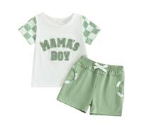 Carolilly Toddler Boy Summer Clothes Crew Neck MAMA'S BOY Fuzzy Letter Embroidery Short Sleeve T-Shirt with Elastic Waist Shorts 2Pcs Baby Boys Clothing Sets (White, 12-18 Months)