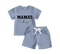 Carolilly Toddler Boy Summer Clothes Crew Neck MAMA'S BOY Fuzzy Letter Embroidery Short Sleeve T-Shirt with Elastic Waist Shorts 2Pcs Baby Boys Clothing Sets (Navy Blue, 2-3 Years)