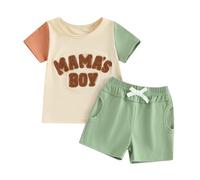 Carolilly Toddler Boy Summer Clothes Crew Neck MAMA'S BOY Fuzzy Letter Embroidery Short Sleeve T-Shirt with Elastic Waist Shorts 2Pcs Baby Boys Clothing Sets (Apricot1, 18-24 Months)