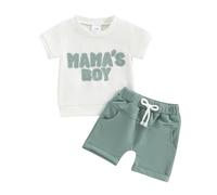 Carolilly Toddler Boy Summer Clothes Crew Neck MAMA'S BOY Fuzzy Letter Embroidery Short Sleeve T-Shirt with Elastic Waist Shorts 2Pcs Baby Boys Clothing Sets (Light Green, 18-24 Months)