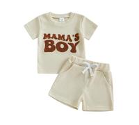 Carolilly Toddler Boy Summer Clothes Crew Neck MAMA'S BOY Fuzzy Letter Embroidery Short Sleeve T-Shirt with Elastic Waist Shorts 2Pcs Baby Boys Clothing Sets (Beige, 0-6 Months)