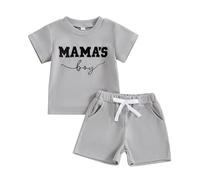 Carolilly Toddler Boy Summer Clothes Crew Neck MAMA'S BOY Fuzzy Letter Embroidery Short Sleeve T-Shirt with Elastic Waist Shorts 2Pcs Baby Boys Clothing Sets (Grey, 12-18 Months)