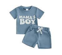 Carolilly Toddler Boy Summer Clothes Crew Neck MAMA'S BOY Fuzzy Letter Embroidery Short Sleeve T-Shirt with Elastic Waist Shorts 2Pcs Baby Boys Clothing Sets (Dark Blue, 12-18 Months)