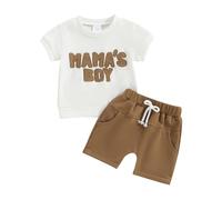 Carolilly Toddler Boy Summer Clothes Crew Neck MAMA'S BOY Fuzzy Letter Embroidery Short Sleeve T-Shirt with Elastic Waist Shorts 2Pcs Baby Boys Clothing Sets (Brown, 2-3 Years)