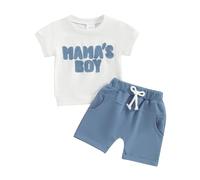 Carolilly Toddler Boy Summer Clothes Crew Neck MAMA'S BOY Fuzzy Letter Embroidery Short Sleeve T-Shirt with Elastic Waist Shorts 2Pcs Baby Boys Clothing Sets (Blue, 18-24 Months)