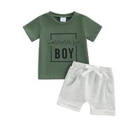 Carolilly Toddler Boy Summer Clothes Letter Print MAMA'S BOY Short Sleeve T-Shirt with Elastic Waist Shorts 2Pcs Outfit Baby Boys Clothing Sets Infant Boys Short Sets (Green Grey, 12-18 Months)