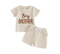 Carolilly Toddler Brothers Matching Outfits Short Sleeve Letter Embroidery Tshirt/Romper + Elastic Waist Shorts 2Pcs Baby Boys Summer Clothes Set Daywear (Apricot, 2-3 Years)