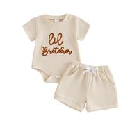 Carolilly Toddler Brothers Matching Outfits Short Sleeve Letter Embroidery Tshirt/Romper + Elastic Waist Shorts 2Pcs Baby Boys Summer Clothes Set Daywear (Khaki, 0-3 Months)