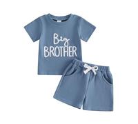 Carolilly Toddler Brothers Matching Outfits Short Sleeve Letter Embroidery Tshirt/Romper + Elastic Waist Shorts 2Pcs Baby Boys Summer Clothes Set Daywear (Blue, 6-12 Months)