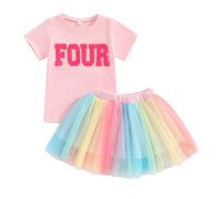 Carolilly Toddler Girls 2Pcs Birthday Outfits Short Sleeve Letter Embroidery Tops + Tutu Skirt Set Baby Clothes Summer Birthday Gift for Girls (FOUR, 4-5 Years)