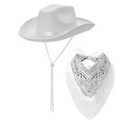 Carolilly Western Cowboy Cowgirl Hat Felt Cowboy Hat for Women Fluffy Feather Trim Disco Rhinestone Set Halloween Cowboy Hat Cowgirl Hats Birthday Party Supplies (White+scarve, One Size)