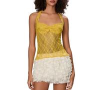 Carolilly Women Y2K Tank Tops Lace Tie-Up Halter Neck Sleeveless Backless Crop Top Off Shoulder Vests Summer Casual Slim Fit T-Shirts Camisole Vintage Streetwear (Yellow, S)