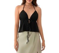 Carolilly Womens Halterneck Top - Casual Solid Color Bandage Backless Sleeveless Cami V Neck Sexy Tank Streetwear Summer Y2k