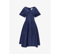 Carolina Herrera Womens Carolina Herrera Gathered-Waist V-Neck Silk Midi Dress Midnight 12