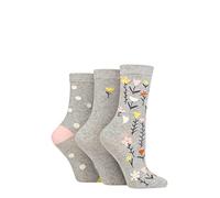 Caroline Gardner Ladies Patterned Cotton Socks Pack of 3 Floral Light Grey 4-8