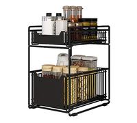 CarolynDesign 2 Tier Under Sink Storage Drawer for Kitchen and Bathroom, Metal Sliding Storage Basket, Desktop Pull-Out Storage Shelf for Home and Office, Black Coating