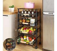CarolynDesign 5 Tier Metal Wire Basket Cart on Wheels for Kitchen, Stackable Shelf Floor Standing Fruit Vegetable Storage Bins with Pull Out Drawers for Living Room Bedroom and Bathroom