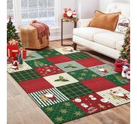 CAROMIO Buffalo Plaid Entryway Red/Green Rug - 80 x 150 cm Indoor Snowflake Elk Carpet Soft Rug Floor Cover Geometric Non Slip Mat for Bedroom, Dining Room, Office