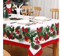 CAROMIO Christmas Table Cloth Rectangular White Party Xmas Tablecloth with Poinsettia Ribbons Bow Holly Berries, Wipeable Table Cover for Winter Holiday Christmas Table Decoration, 54 x 70 Inch