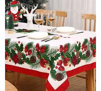 CAROMIO Christmas Tablecloth 52x70 Inch, Holiday Holly Berries Red Flowers Pattern, Spill-Proof Rectangular Table Cover for Dining Kitchen Banquet Indoor Outdoor Christmas Party Decor