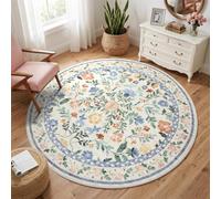 CAROMIO Floral Round Rug 120cm Washable Low Pile Non-Slip Living Room Green | Flower Children's Room Rug, Vintage Farmhouse Carpet for Bedroom Nursery Office Bedside, Distressed Boho, Ultra Thin